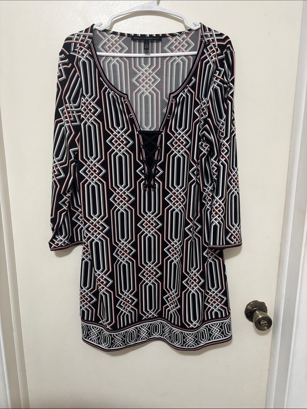 White House Black Market Black and Pink Geometric Lace-Up Mini Dress/Tunic